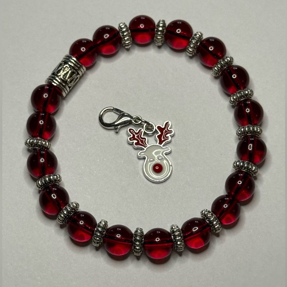Exquisite Ruby Garnet Chalcedony Gemstone Bracelet with Reindeer Charm